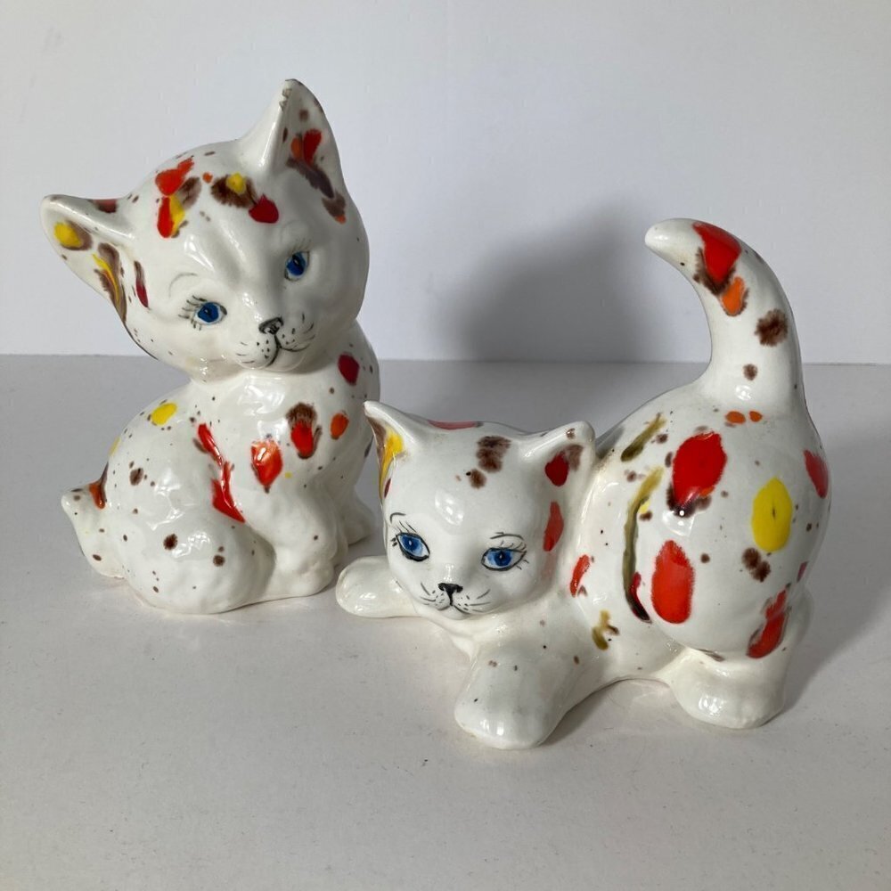 2 Ceramic Confetti Paint‎ Splashed Cats signed 4 x6, 5 x 5" White Multicolored